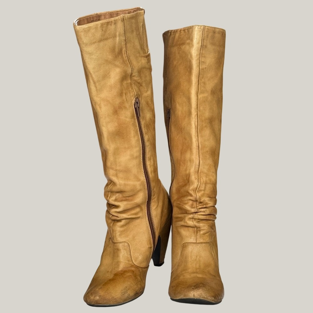 Miz Mooz Shelley Cognac Leather Knee High Boots Women's 6.5 Ruched Heeled